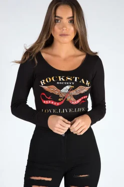 Rebellious Fashion Black Long Sleeved Rockstar Print Bodysuit - Hannah