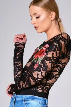 Rebellious Fashion Black Long Sleeve Lace Embroidered Bodysuit - Karla