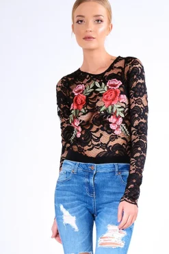 Rebellious Fashion Black Long Sleeve Lace Embroidered Bodysuit - Karla