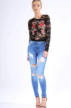 Rebellious Fashion Black Long Sleeve Lace Embroidered Bodysuit - Karla