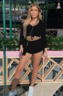 Rebellious Fashion Black Long Sleeve Ribbed Ruched Front Crop Top + Side Ruched Shorts Set - Roni