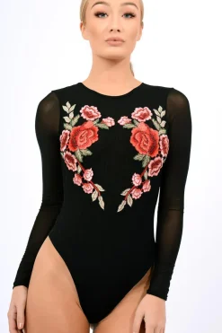 Rebellious Fashion Black Long Sleeves Floral Mesh Bodysuit - Daphne