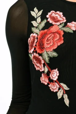 Rebellious Fashion Black Long Sleeves Floral Mesh Bodysuit - Daphne