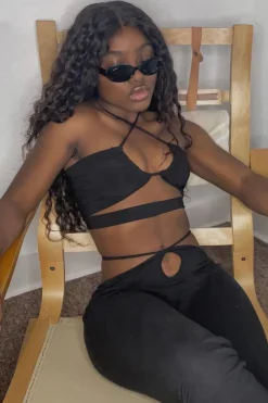 Rebellious Fashion Black Loop Tie Waist Flare Trousers - Audry