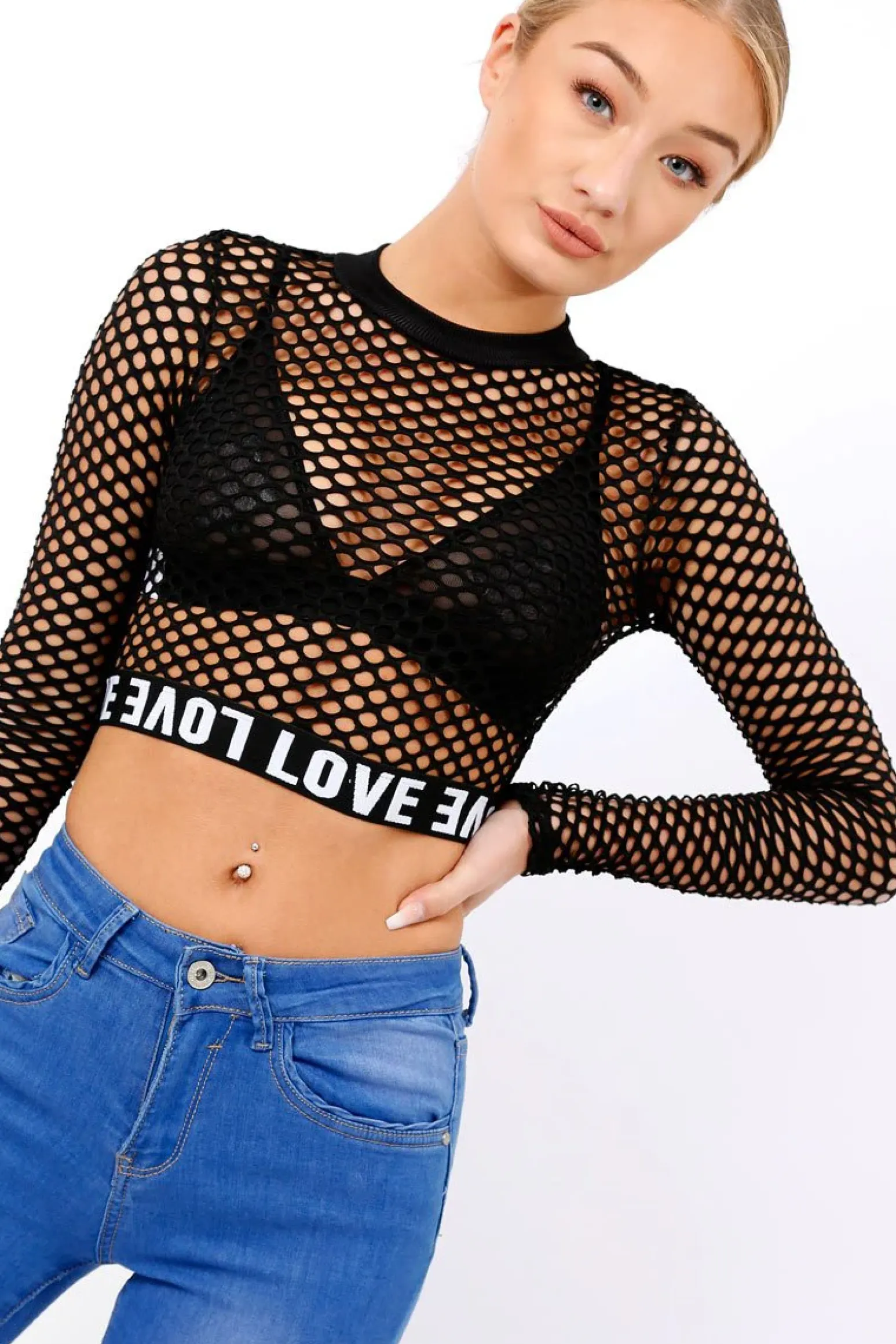 Rebellious Fashion Black Love Fishnet Mesh Crop Top - Dolli