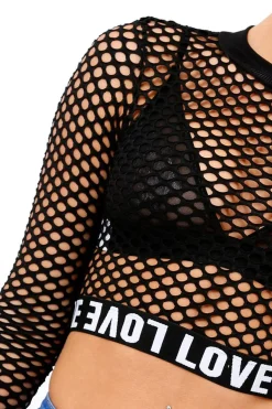 Rebellious Fashion Black Love Fishnet Mesh Crop Top - Dolli