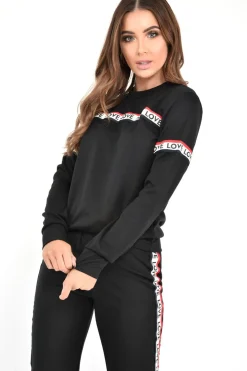 Rebellious Fashion Black Love Slogan Tape Loungewear Set - Kaisy