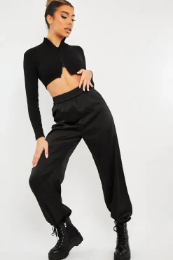 Rebellious Fashion Black Luxe Satin Joggers - Ilona