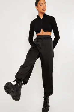 Rebellious Fashion Black Luxe Satin Joggers - Ilona