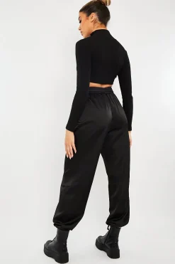Rebellious Fashion Black Luxe Satin Joggers - Ilona