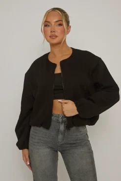 Rebellious Fashion Black Marl Collarless Lightweight Bomber Jacket - Averil