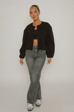 Rebellious Fashion Black Marl Collarless Lightweight Bomber Jacket - Averil