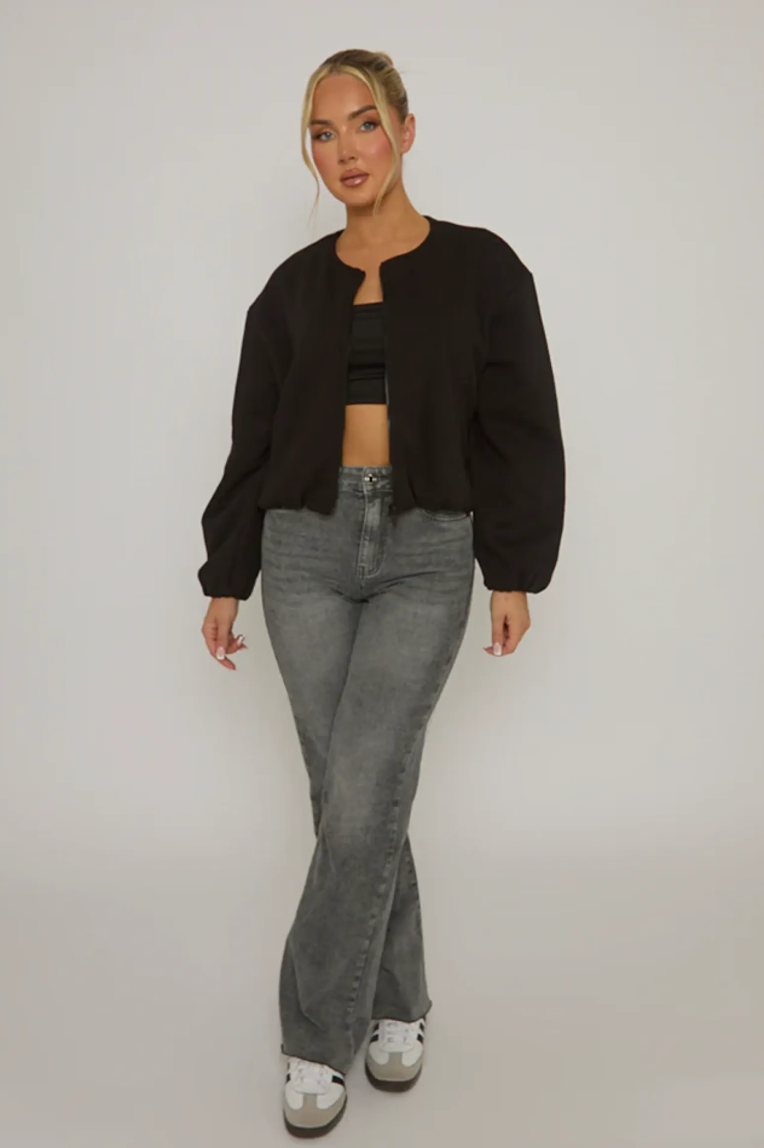 Rebellious Fashion Black Marl Collarless Lightweight Bomber Jacket - Averil
