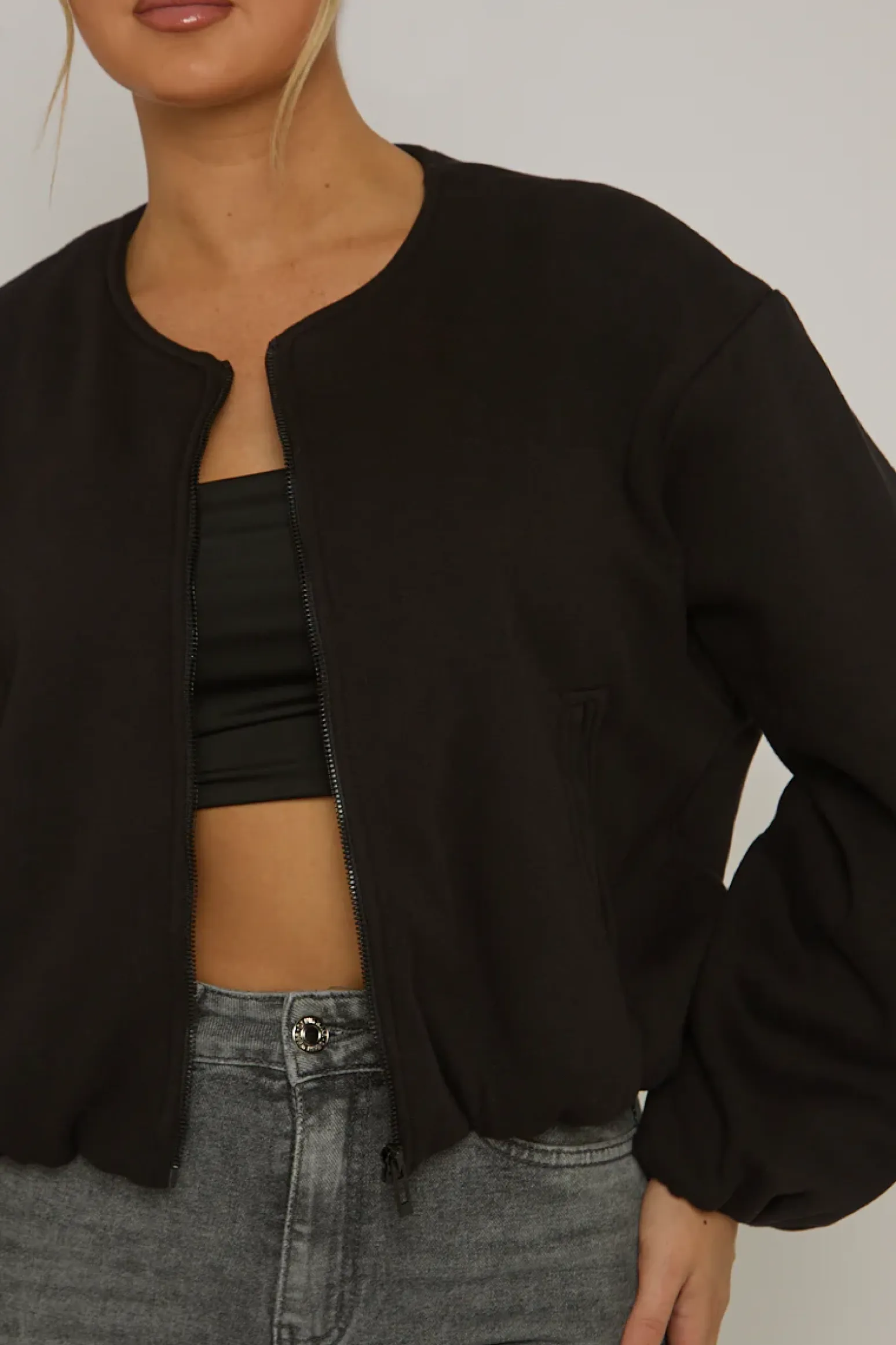 Rebellious Fashion Black Marl Collarless Lightweight Bomber Jacket - Averil