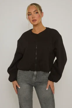 Rebellious Fashion Black Marl Collarless Lightweight Bomber Jacket - Averil