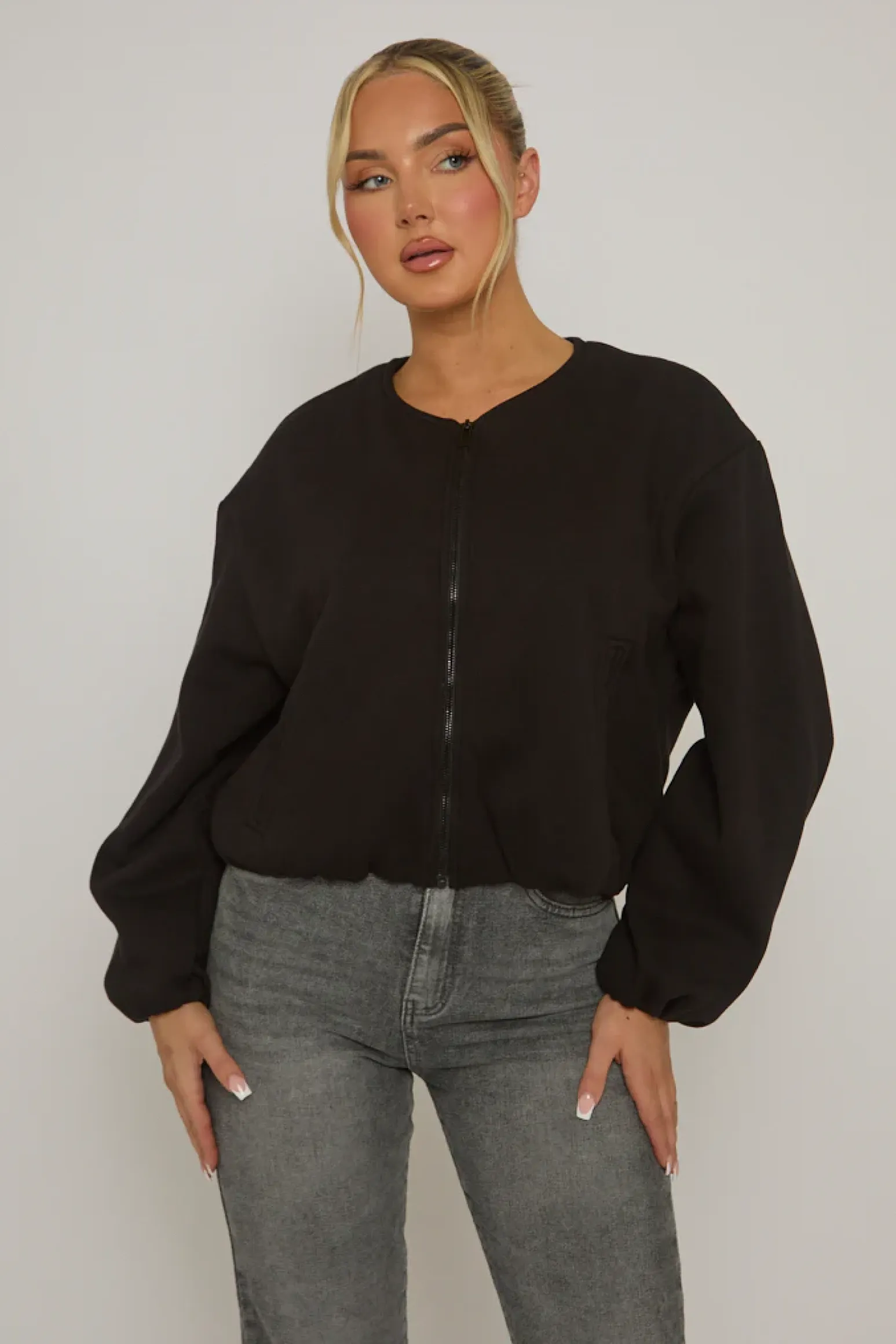 Rebellious Fashion Black Marl Collarless Lightweight Bomber Jacket - Averil