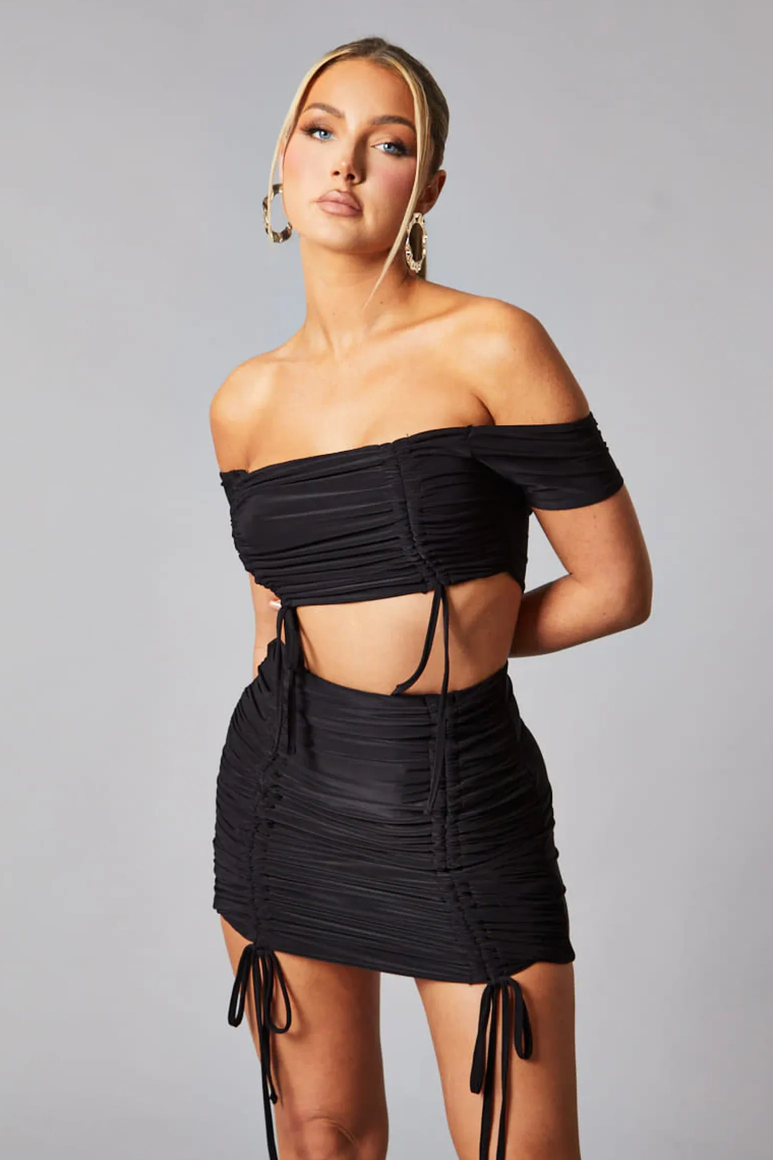 Rebellious Fashion Black Mesh Bandeau Crop Top & Ruched Mini Skirt Set - Haru
