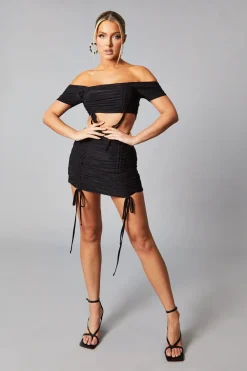 Rebellious Fashion Black Mesh Bandeau Crop Top & Ruched Mini Skirt Set - Haru
