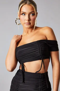 Rebellious Fashion Black Mesh Bandeau Crop Top & Ruched Mini Skirt Set - Haru