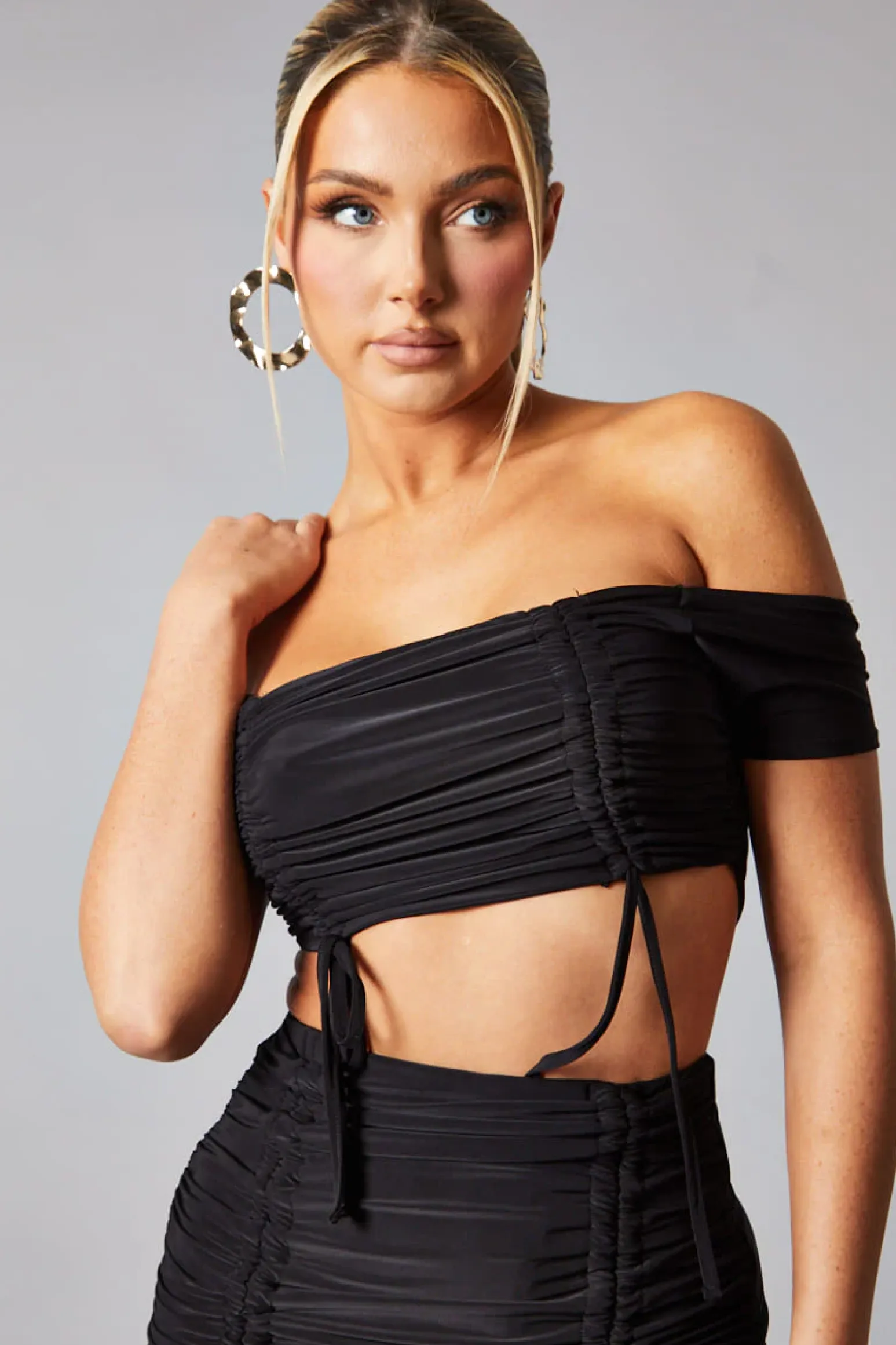 Rebellious Fashion Black Mesh Bandeau Crop Top & Ruched Mini Skirt Set - Haru