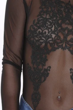 Rebellious Fashion Black Mesh Bodysuit with Black Sparkle Beading - Violet