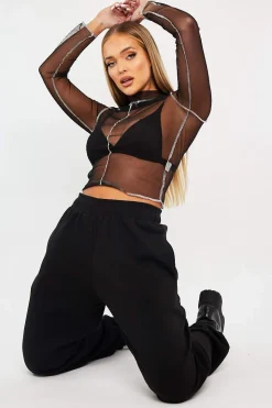 Rebellious Fashion Black Mesh Contrast Stitch Long Sleeve Crop Top - Evie