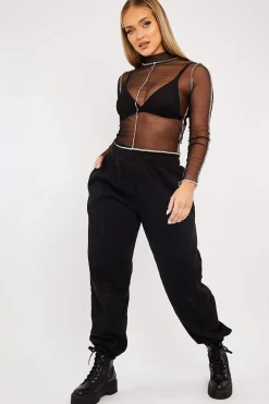Rebellious Fashion Black Mesh Contrast Stitch Long Sleeve Crop Top - Evie