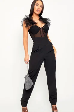 Rebellious Fashion Black Mesh Corset Frill Strap Bodysuit - Valarie