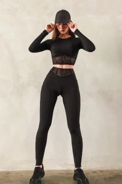 Rebellious Fashion Black Mesh Corset Panel Crop Top Leggings Co-ord - Angela