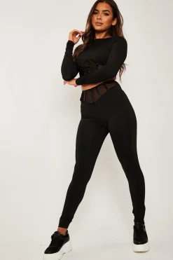 Rebellious Fashion Black Mesh Corset Panel Crop Top Leggings Co-ord - Angela