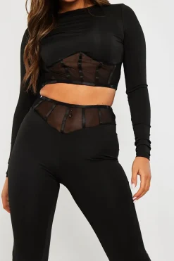 Rebellious Fashion Black Mesh Corset Panel Crop Top Leggings Co-ord - Angela