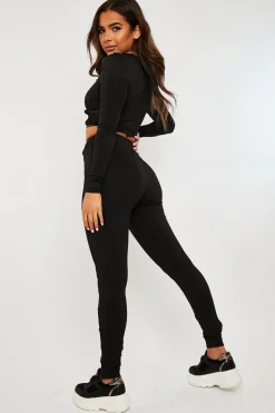 Rebellious Fashion Black Mesh Corset Panel Crop Top Leggings Co-ord - Angela