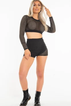 Rebellious Fashion Black Mesh Crop Jumper Shorts Co-Ord - Stassie