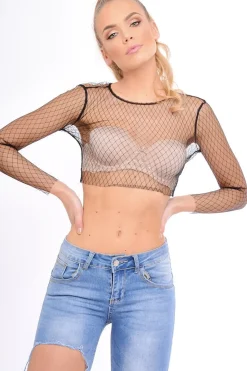 Rebellious Fashion Black Mesh Diamond Long Sleeved Crop Top - Nadina