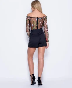 Rebellious Fashion Black Mesh Embroidered Bardot Playsuit - Nicole