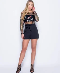 Rebellious Fashion Black Mesh Embroidered Bardot Playsuit - Nicole