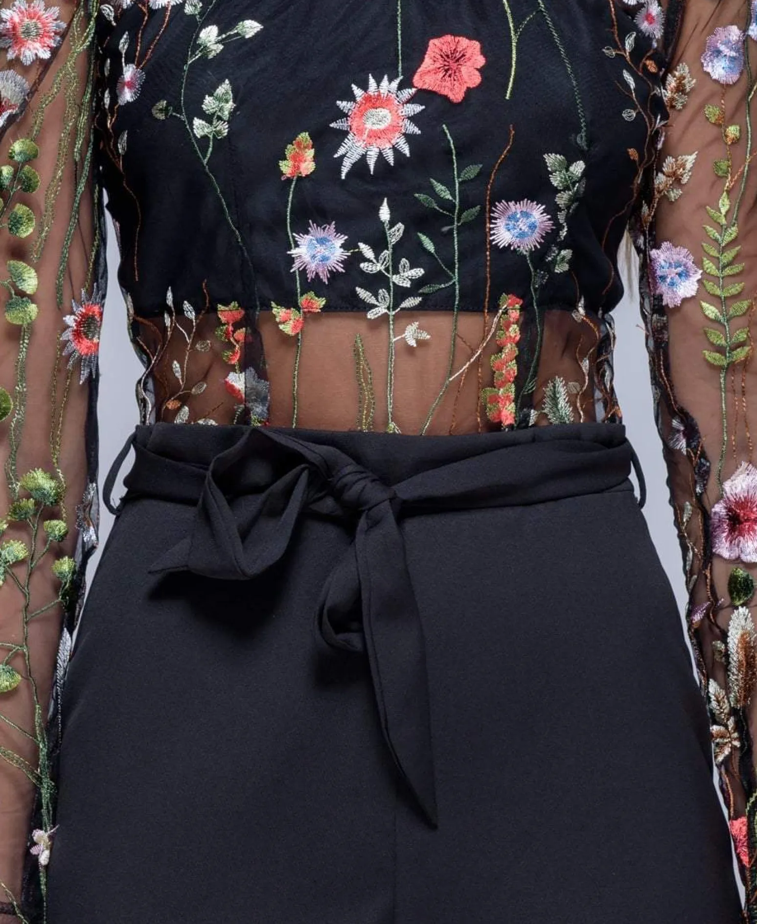 Rebellious Fashion Black Mesh Embroidered Bardot Playsuit - Nicole