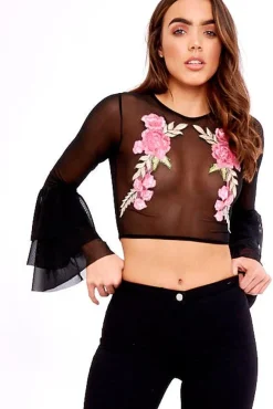 Rebellious Fashion Black Mesh Embroidered Frill Sleeve Crop Top - Darla