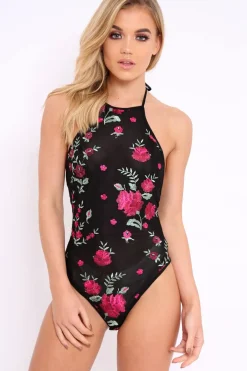 Rebellious Fashion Black Mesh Embroidered Halter Neck Bodysuit - Harlo