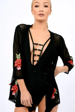 Rebellious Fashion Black Mesh Floral Applique Kimono - Lizzy