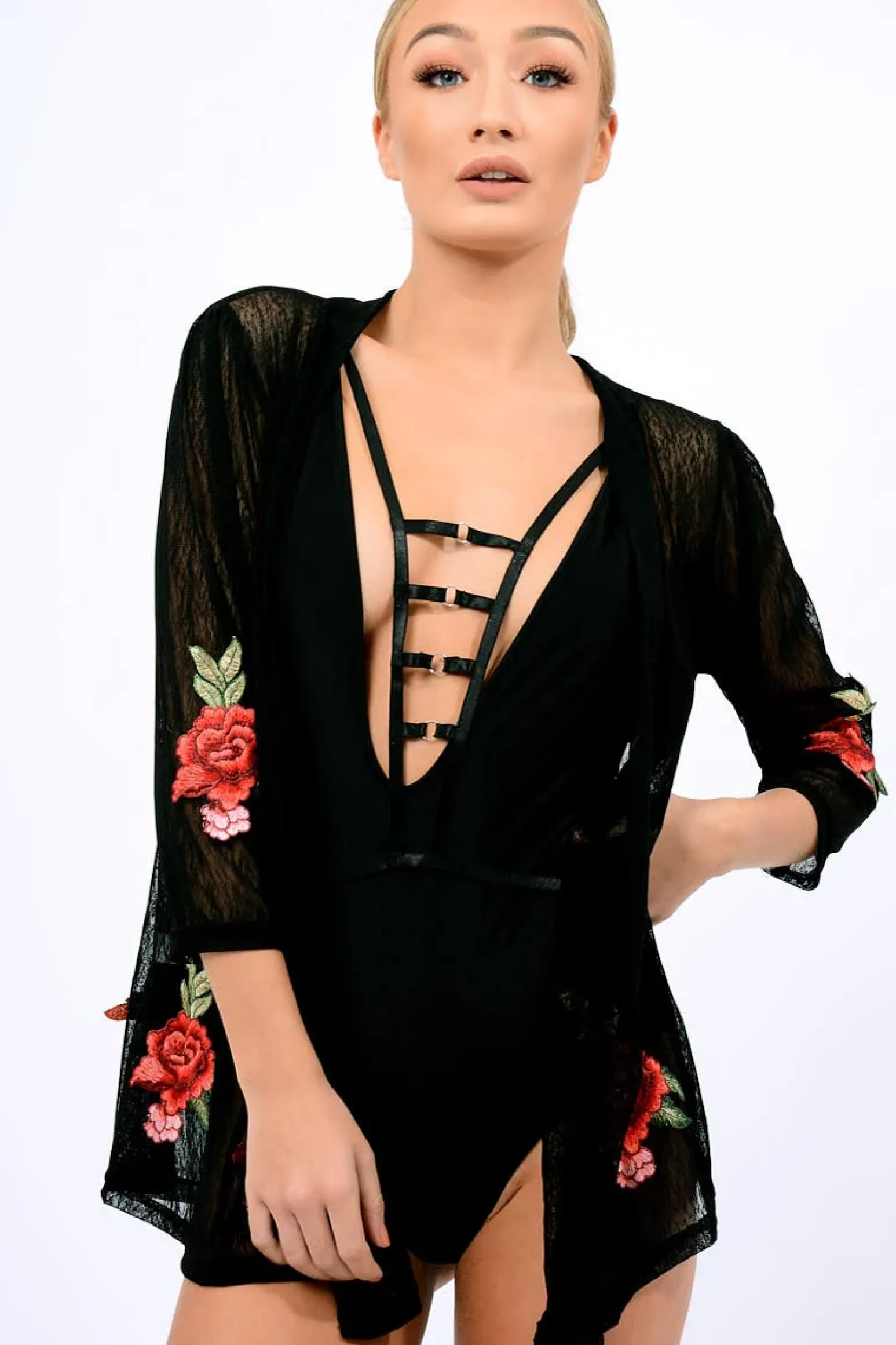 Rebellious Fashion Black Mesh Floral Applique Kimono - Lizzy