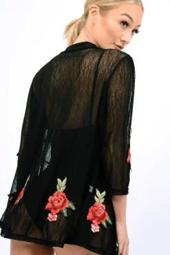 Rebellious Fashion Black Mesh Floral Applique Kimono - Lizzy