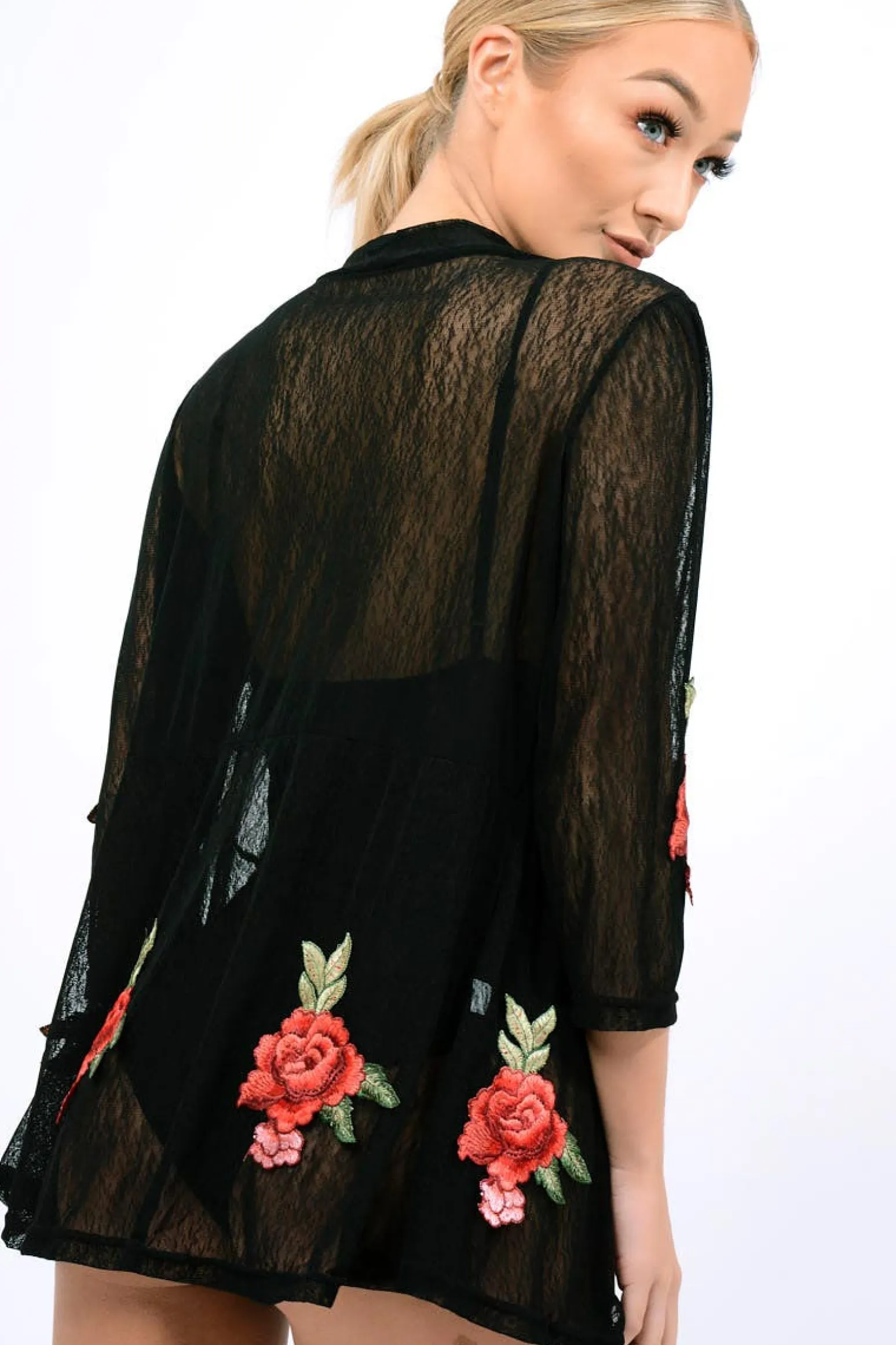 Rebellious Fashion Black Mesh Floral Applique Kimono - Lizzy