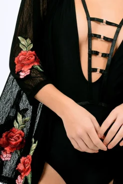 Rebellious Fashion Black Mesh Floral Applique Kimono - Lizzy