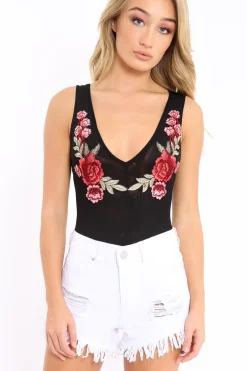 Rebellious Fashion Black Mesh Floral Embroidered Plunge Bodysuit - Elenore