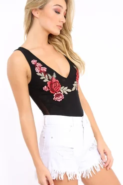 Rebellious Fashion Black Mesh Floral Embroidered Plunge Bodysuit - Elenore