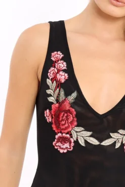 Rebellious Fashion Black Mesh Floral Embroidered Plunge Bodysuit - Elenore