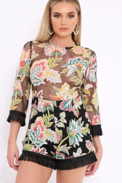 Rebellious Fashion Black Mesh Floral Print Fringe Playsuit - Berna