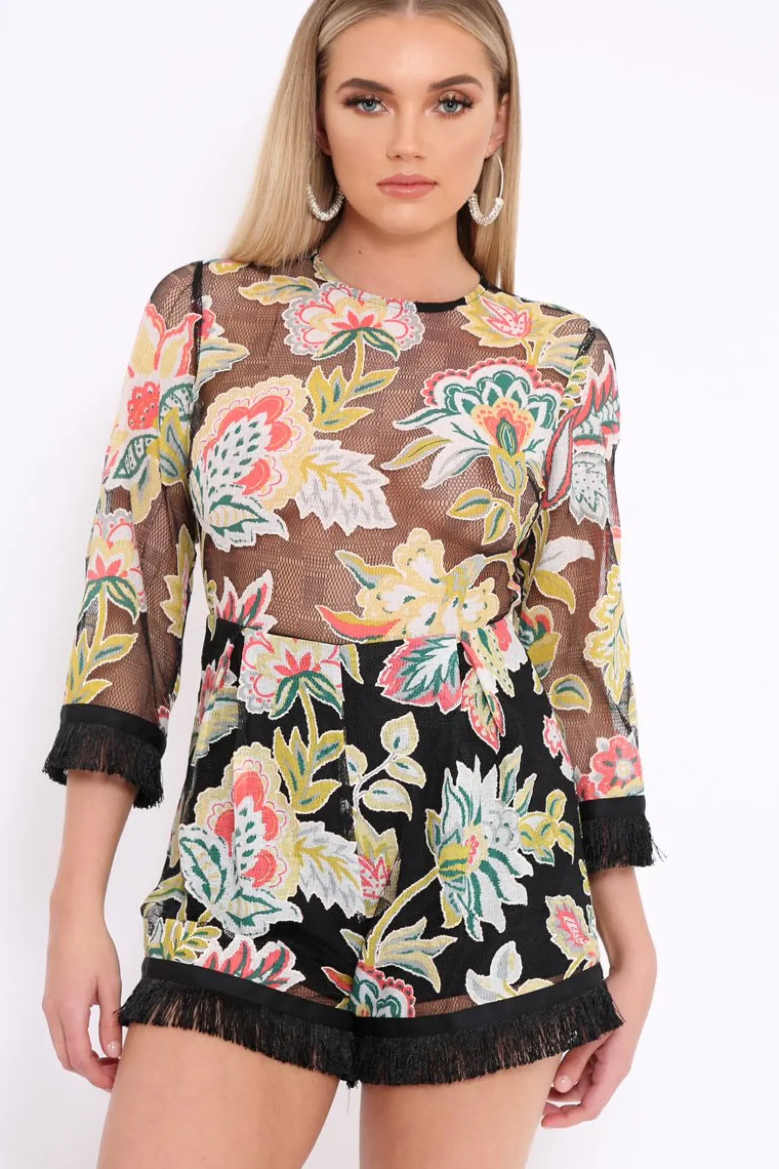 Rebellious Fashion Black Mesh Floral Print Fringe Playsuit - Berna