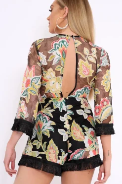 Rebellious Fashion Black Mesh Floral Print Fringe Playsuit - Berna